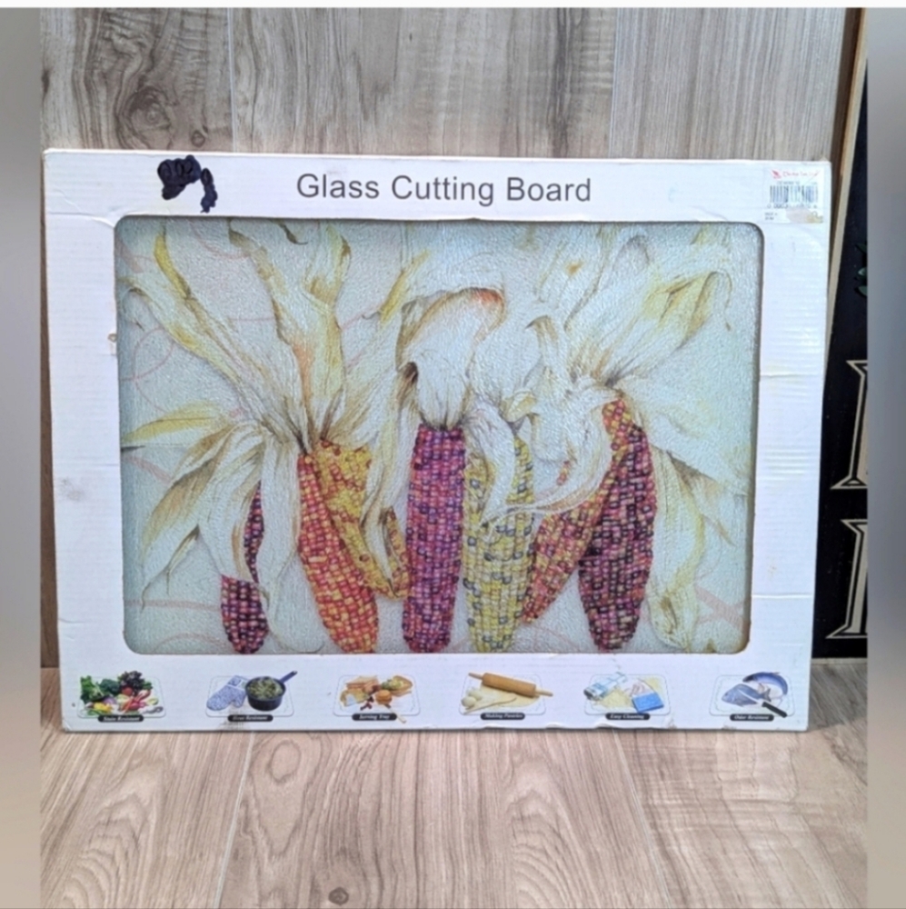 Vintage Food Cutting Board Frosted Glass  Indian Corn Thanksgiving Holiday